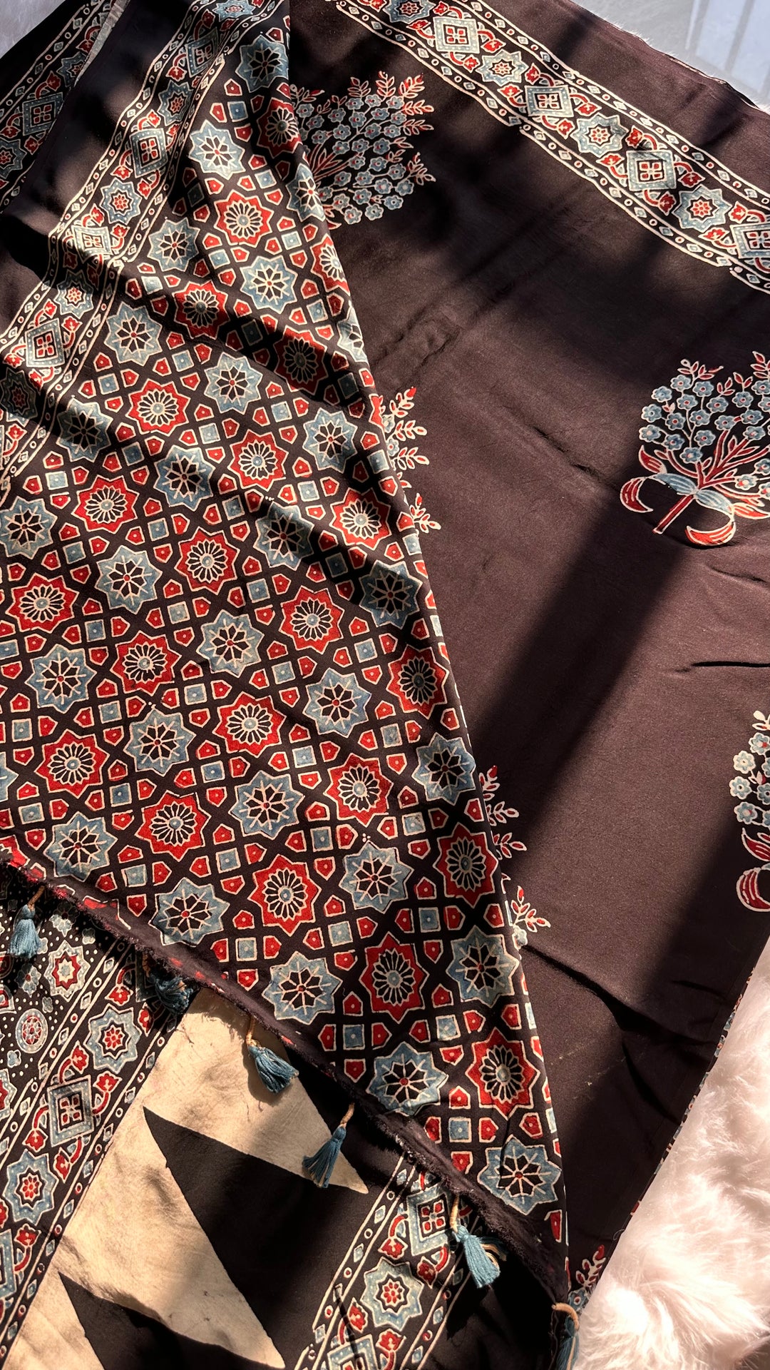 ABHIRI - BLACK AJRAKH HAND BLOCK PRINTED MODAL SILK SAREE