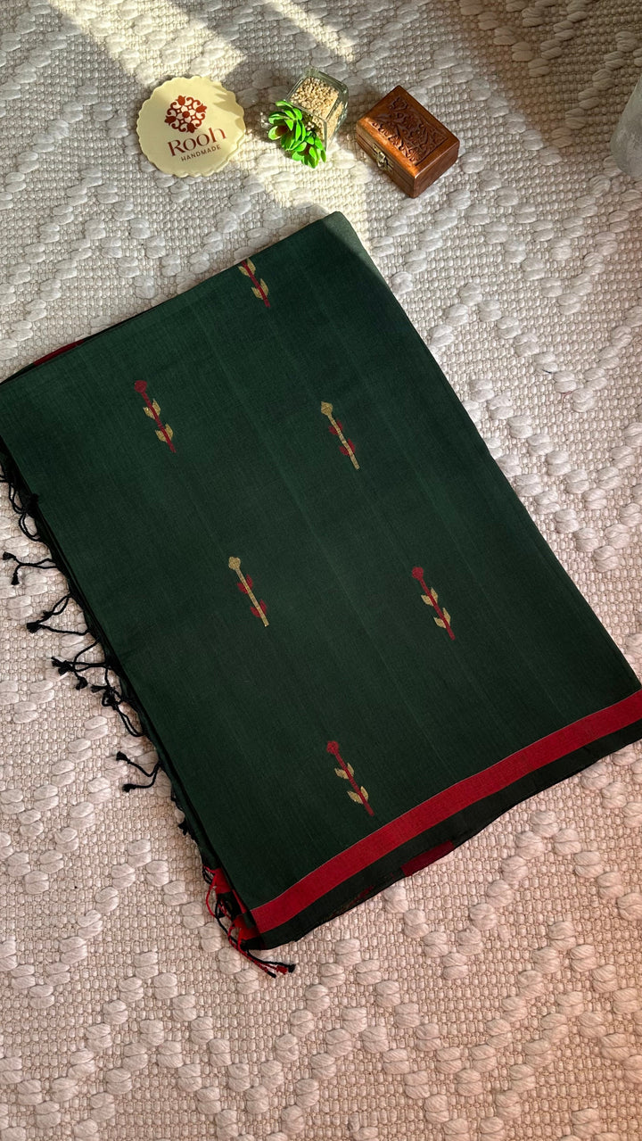 PREMIUM JAMDANI WEAVE HANDWOVEN AND HANDSPUN COTTON SAREE - PINE GREEN