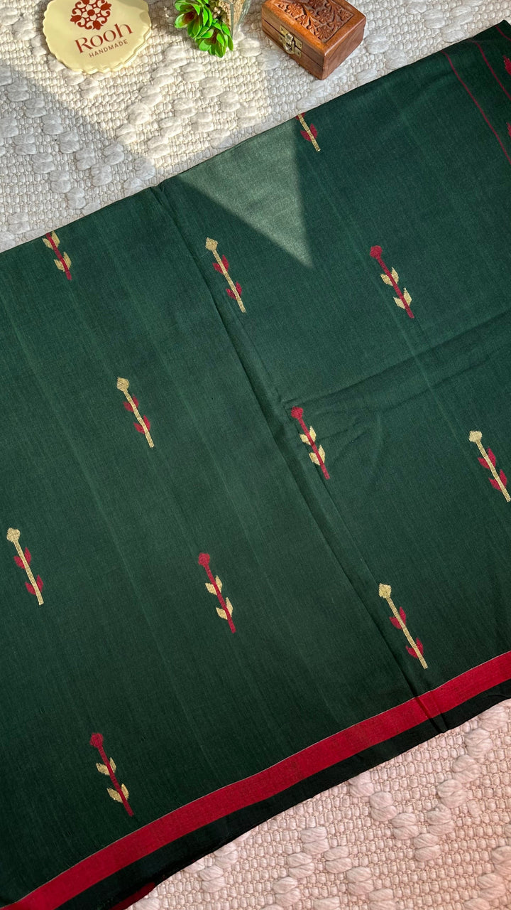 PREMIUM JAMDANI WEAVE HANDWOVEN AND HANDSPUN COTTON SAREE - PINE GREEN