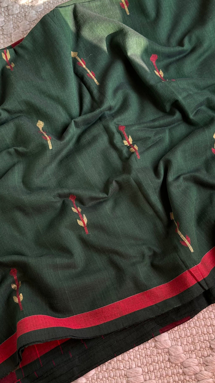 PREMIUM JAMDANI WEAVE HANDWOVEN AND HANDSPUN COTTON SAREE - PINE GREEN