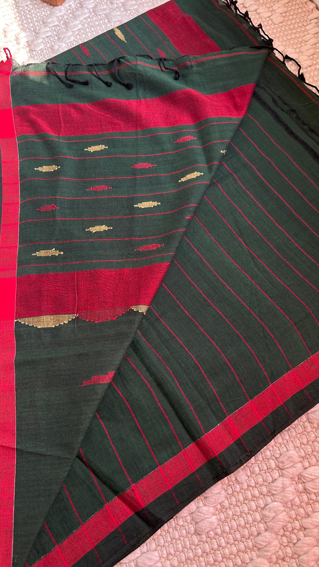 PREMIUM JAMDANI WEAVE HANDWOVEN AND HANDSPUN COTTON SAREE - PINE GREEN