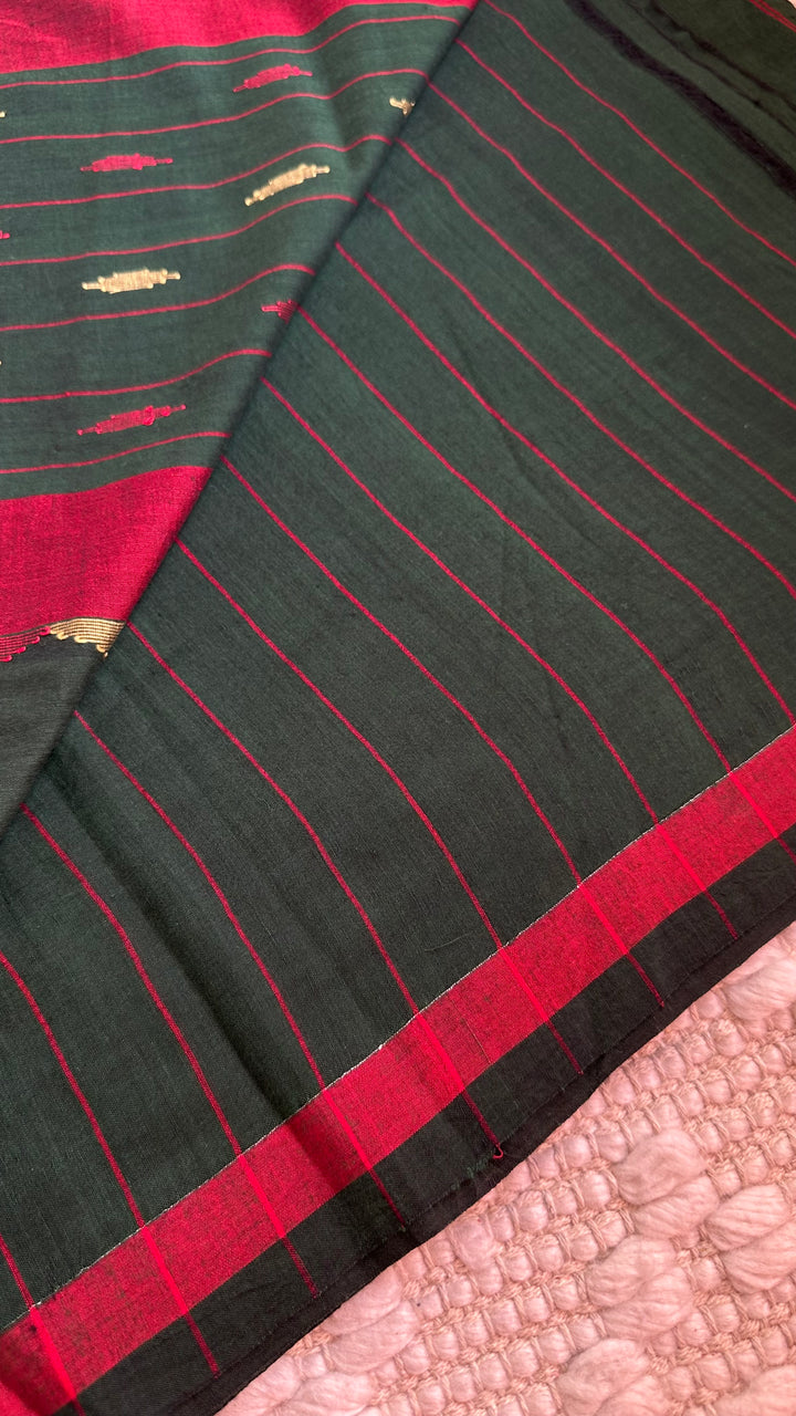 PREMIUM JAMDANI WEAVE HANDWOVEN AND HANDSPUN COTTON SAREE - PINE GREEN