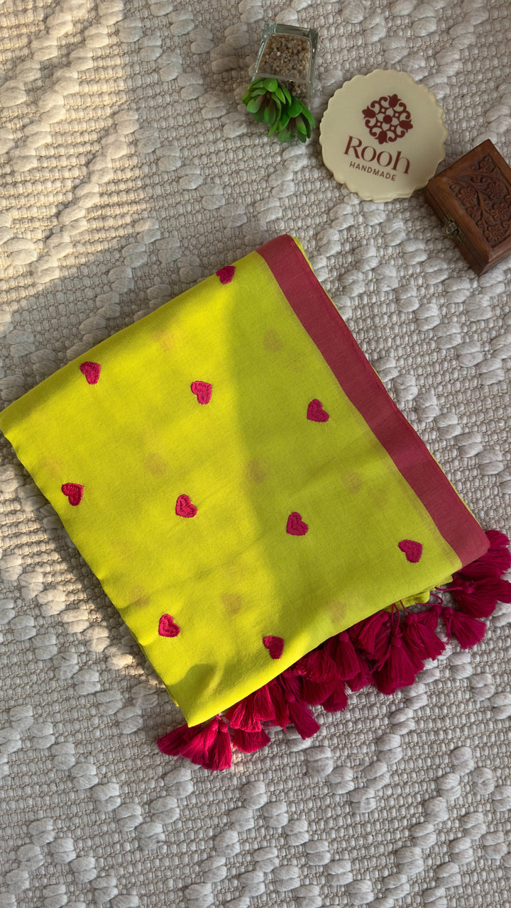 DIL - LIME GREEN WITH PINK BORDER SUPER SOFT MUL COTTON SAREE (DISPATCH TIME IS 7 TO 10 DAYS)