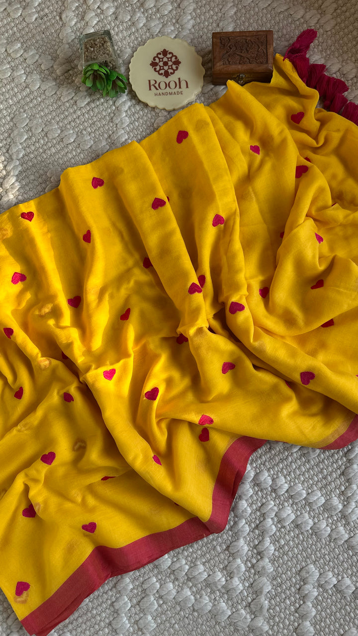 DIL - SUNSHINE YELLOW WITH PINK BORDER SUPER SOFT MUL COTTON SAREE