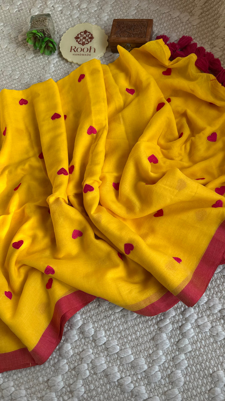DIL - SUNSHINE YELLOW WITH PINK BORDER SUPER SOFT MUL COTTON SAREE