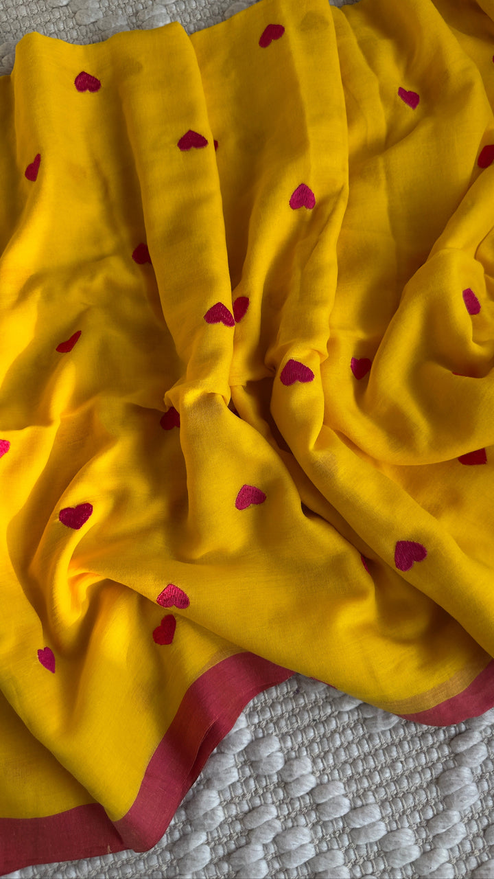 DIL - SUNSHINE YELLOW WITH PINK BORDER SUPER SOFT MUL COTTON SAREE