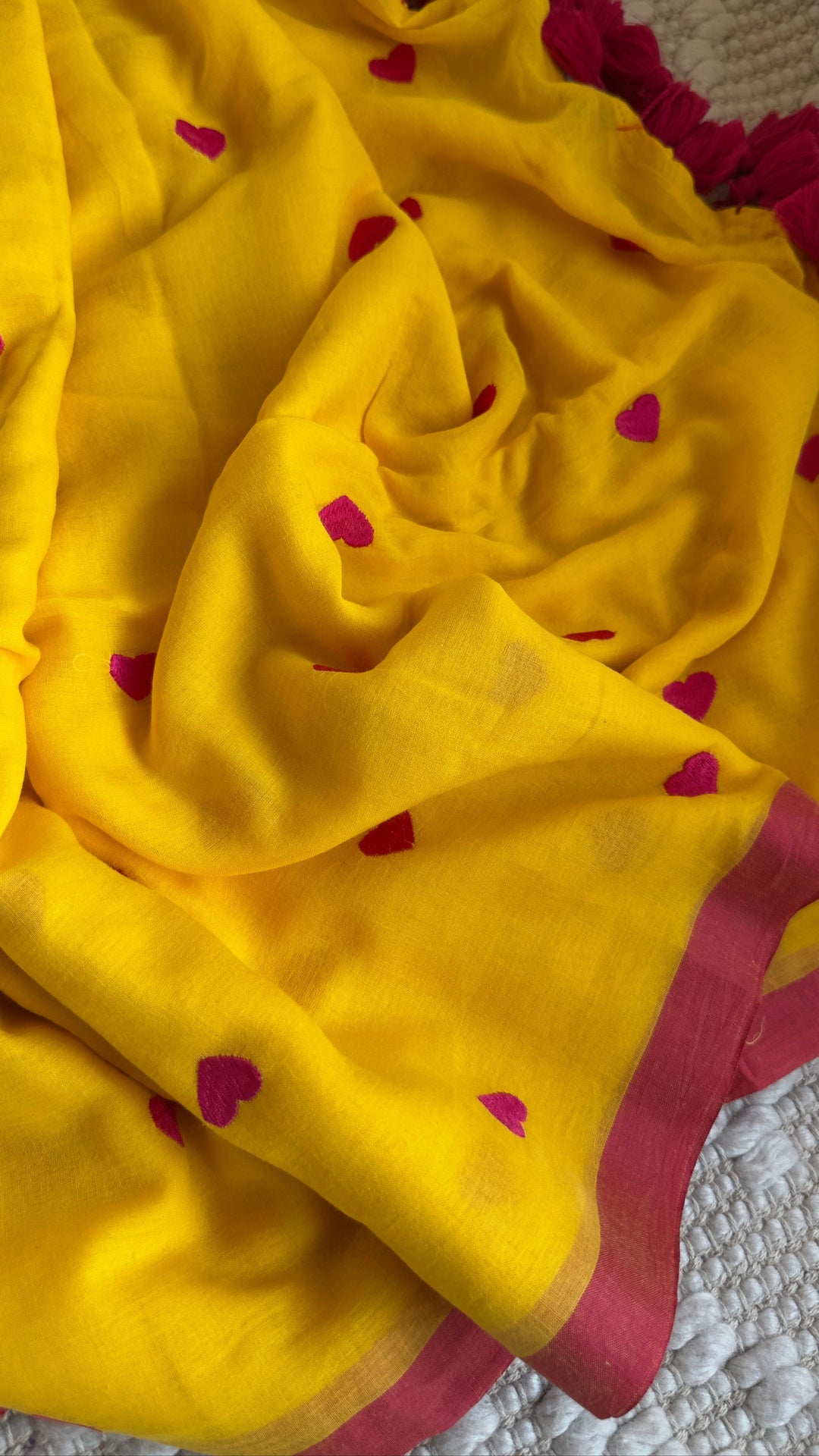 DIL - SUNSHINE YELLOW WITH PINK BORDER SUPER SOFT MUL COTTON SAREE