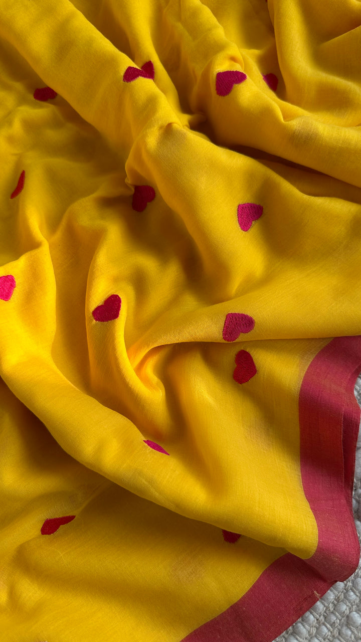 DIL - SUNSHINE YELLOW WITH PINK BORDER SUPER SOFT MUL COTTON SAREE