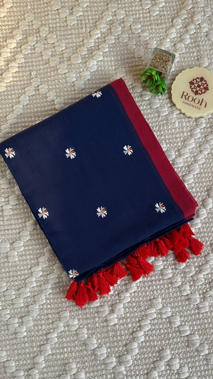 SHIULI - NAVY BLUE WITH RED BORDER SUPER SOFT MUL COTTON SAREE