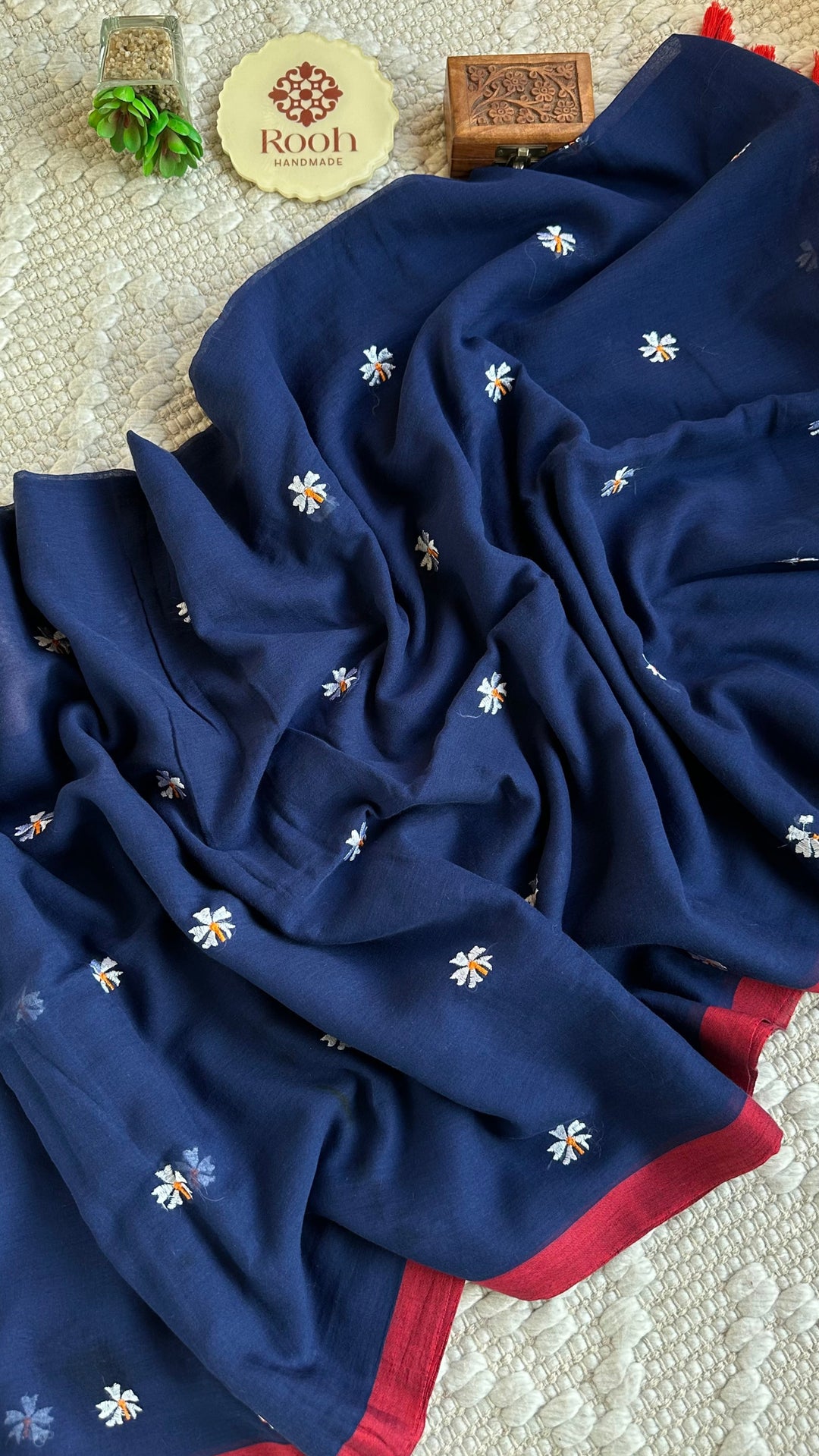 SHIULI - NAVY BLUE WITH RED BORDER SUPER SOFT MUL COTTON SAREE
