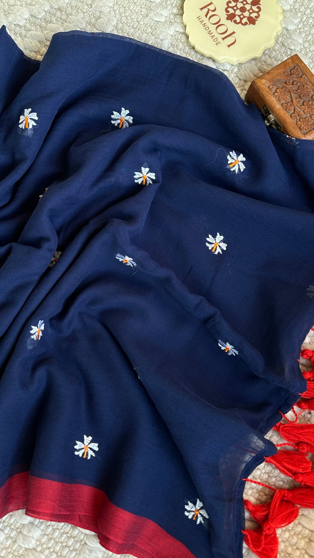 SHIULI - NAVY BLUE WITH RED BORDER SUPER SOFT MUL COTTON SAREE
