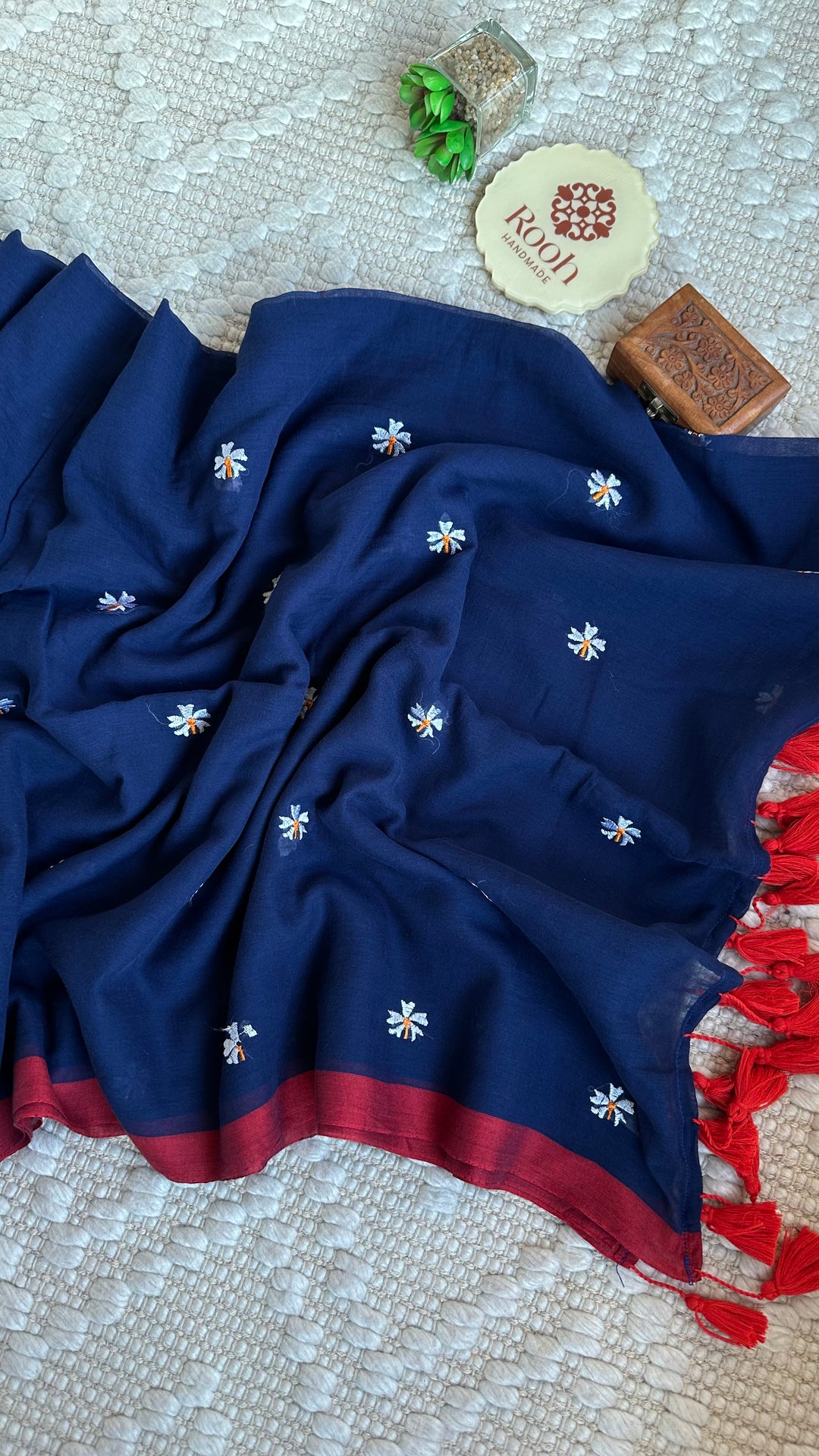 SHIULI - NAVY BLUE WITH RED BORDER SUPER SOFT MUL COTTON SAREE