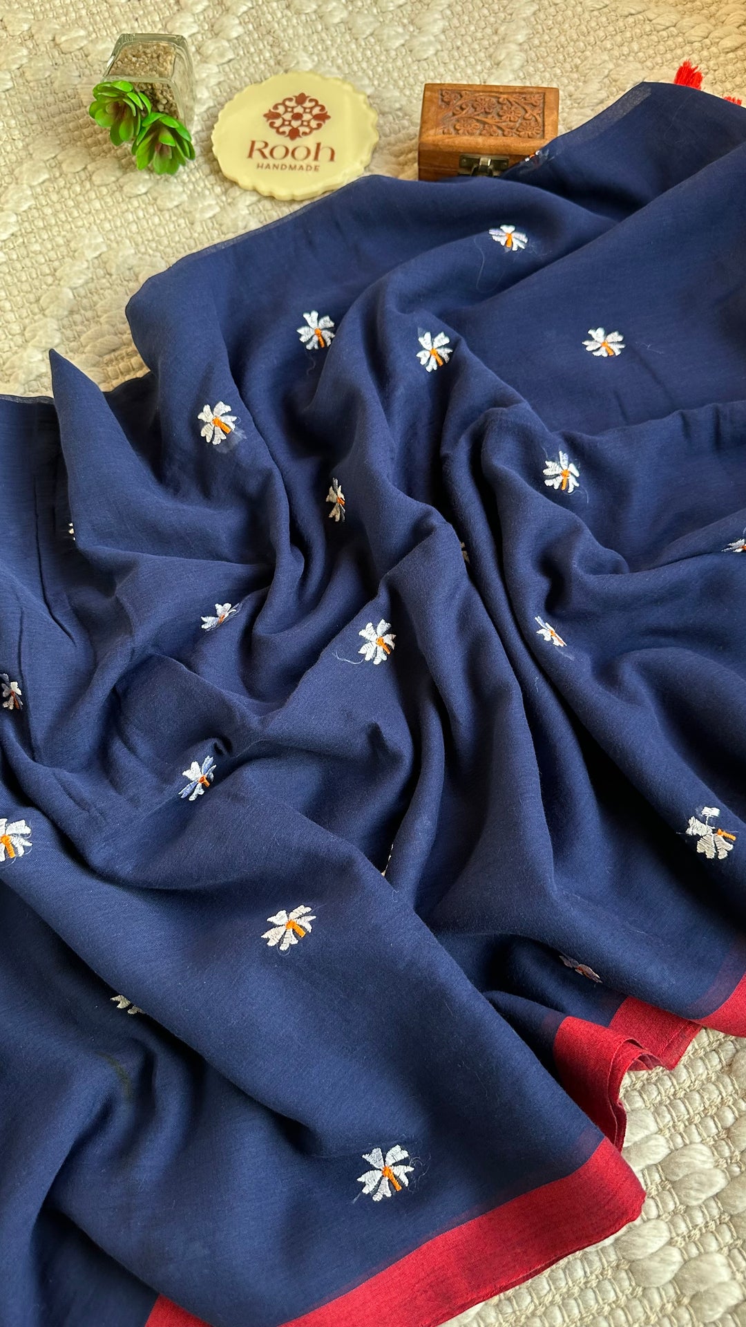 SHIULI - NAVY BLUE WITH RED BORDER SUPER SOFT MUL COTTON SAREE