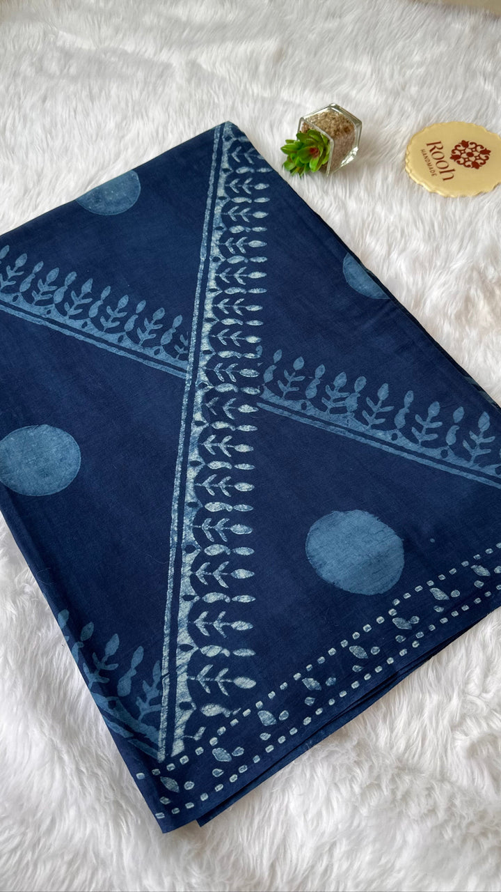 AKOLA INDIGO HAND BLOCK DABU PRINTED SOFT MULMUL COTTON SAREE- 007