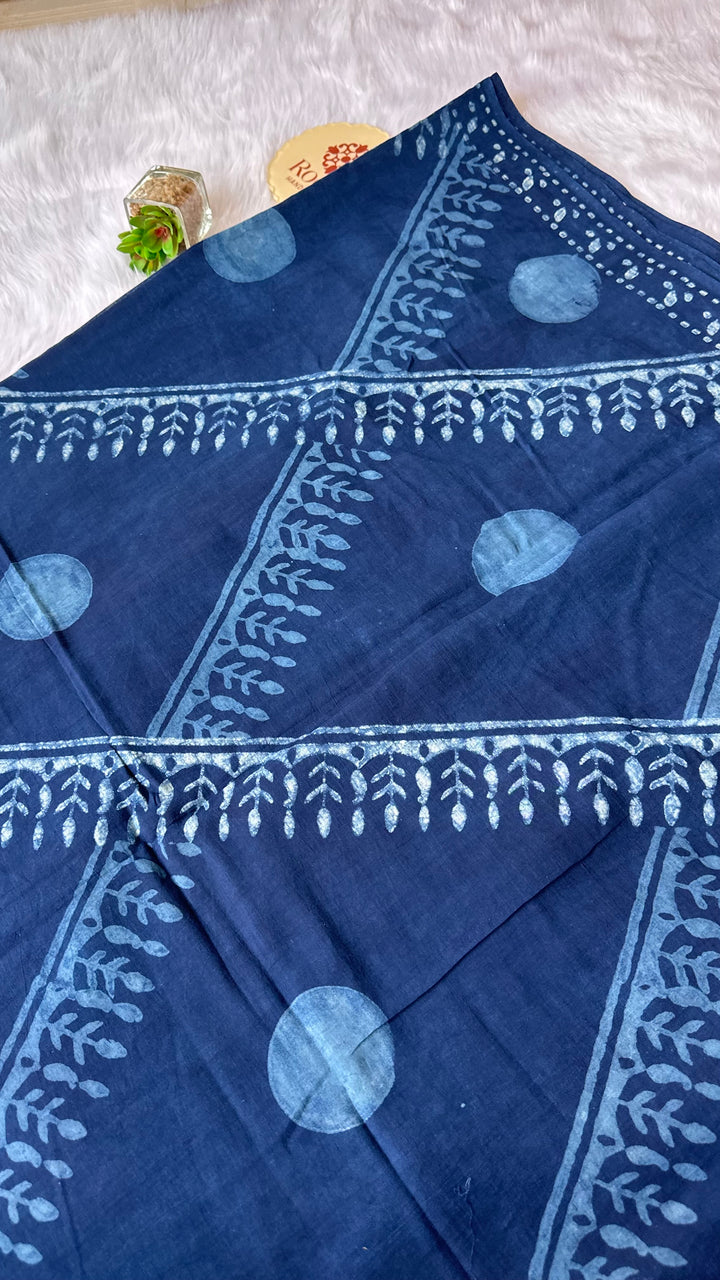 AKOLA INDIGO HAND BLOCK DABU PRINTED SOFT MULMUL COTTON SAREE- 007