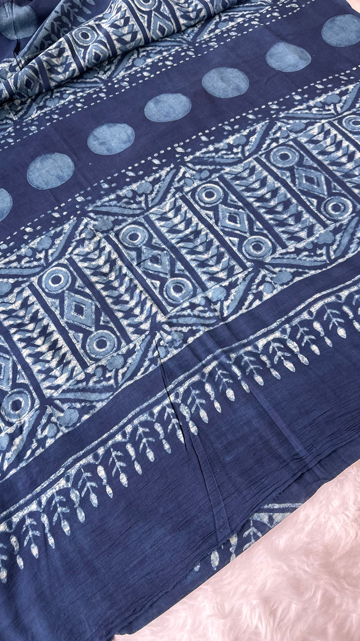 AKOLA INDIGO HAND BLOCK DABU PRINTED SOFT MULMUL COTTON SAREE- 007