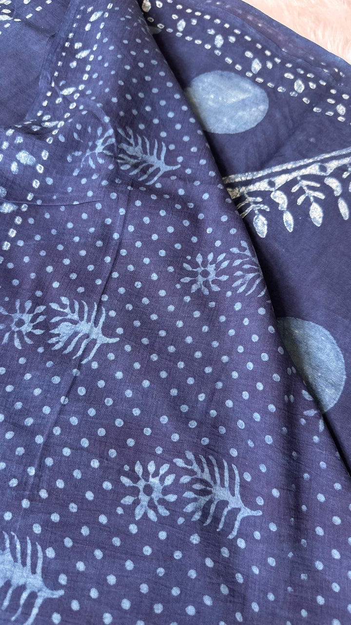 AKOLA INDIGO HAND BLOCK DABU PRINTED SOFT MULMUL COTTON SAREE- 007