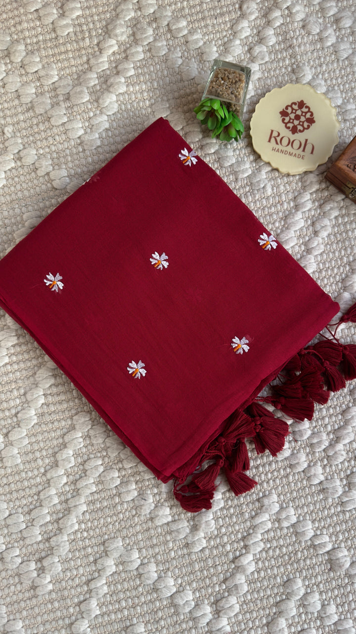 SHIULI - MAROON SUPER SOFT MUL COTTON SAREE (DISPATCH TIME - 7 TO 10 DAYS)