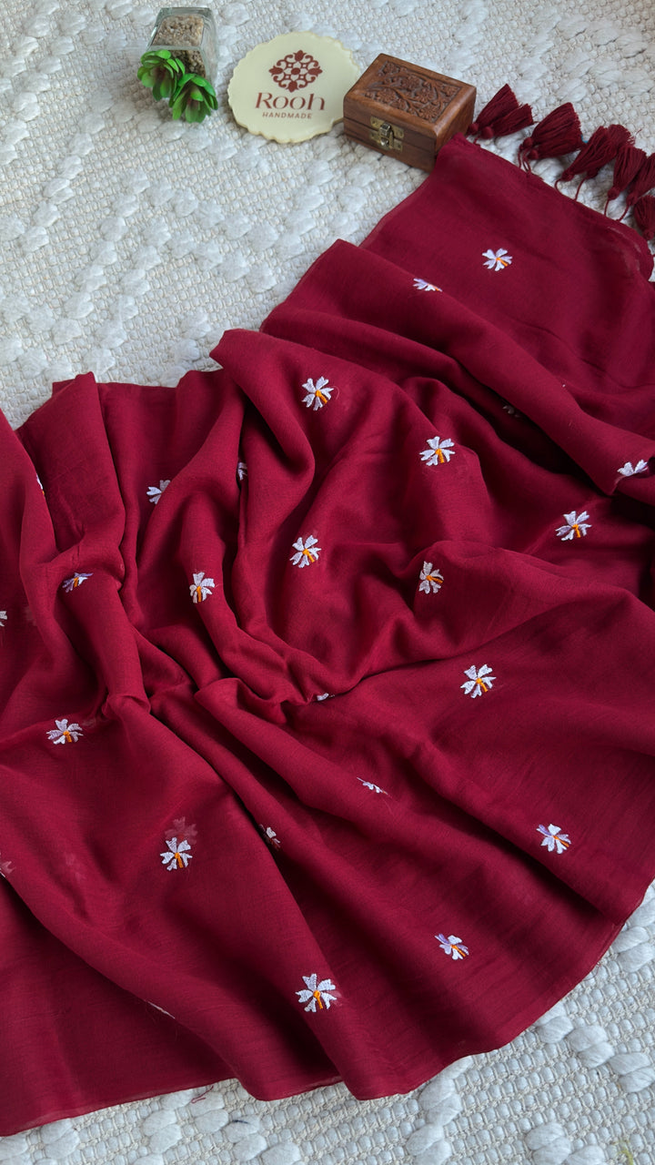 SHIULI - MAROON SUPER SOFT MUL COTTON SAREE (DISPATCH TIME - 7 TO 10 DAYS)