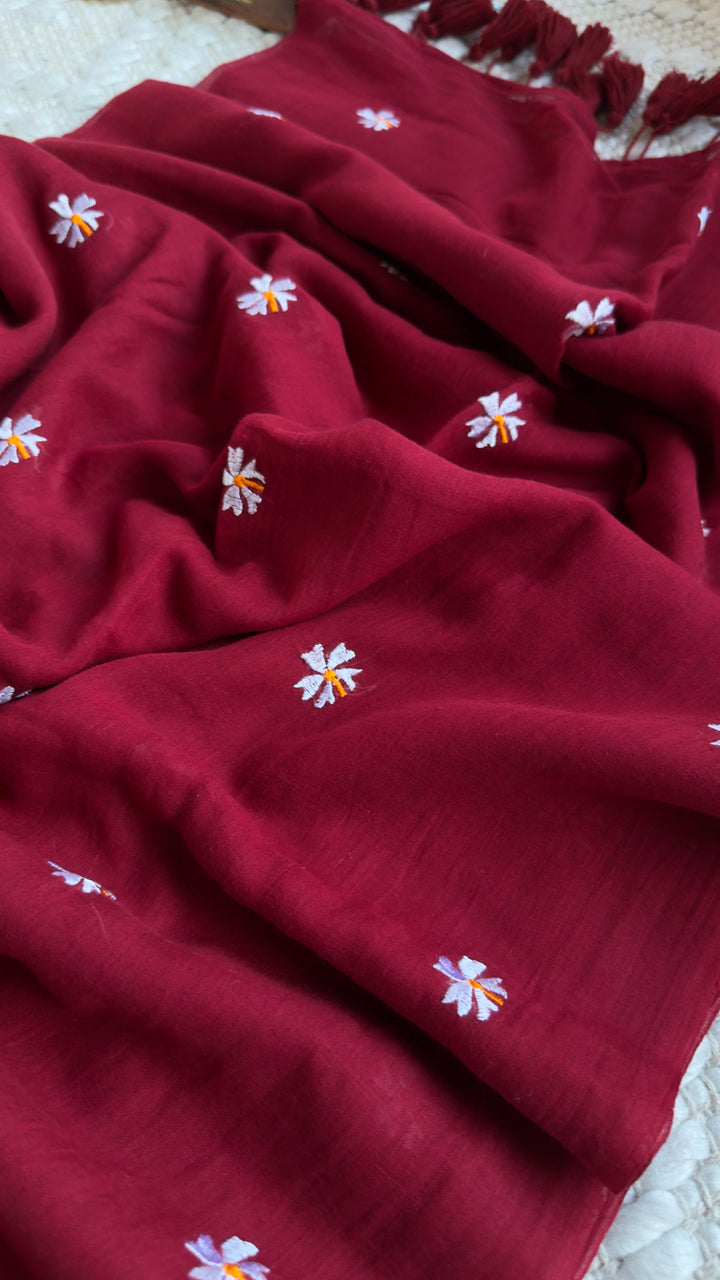 SHIULI - MAROON SUPER SOFT MUL COTTON SAREE (DISPATCH TIME - 7 TO 10 DAYS)