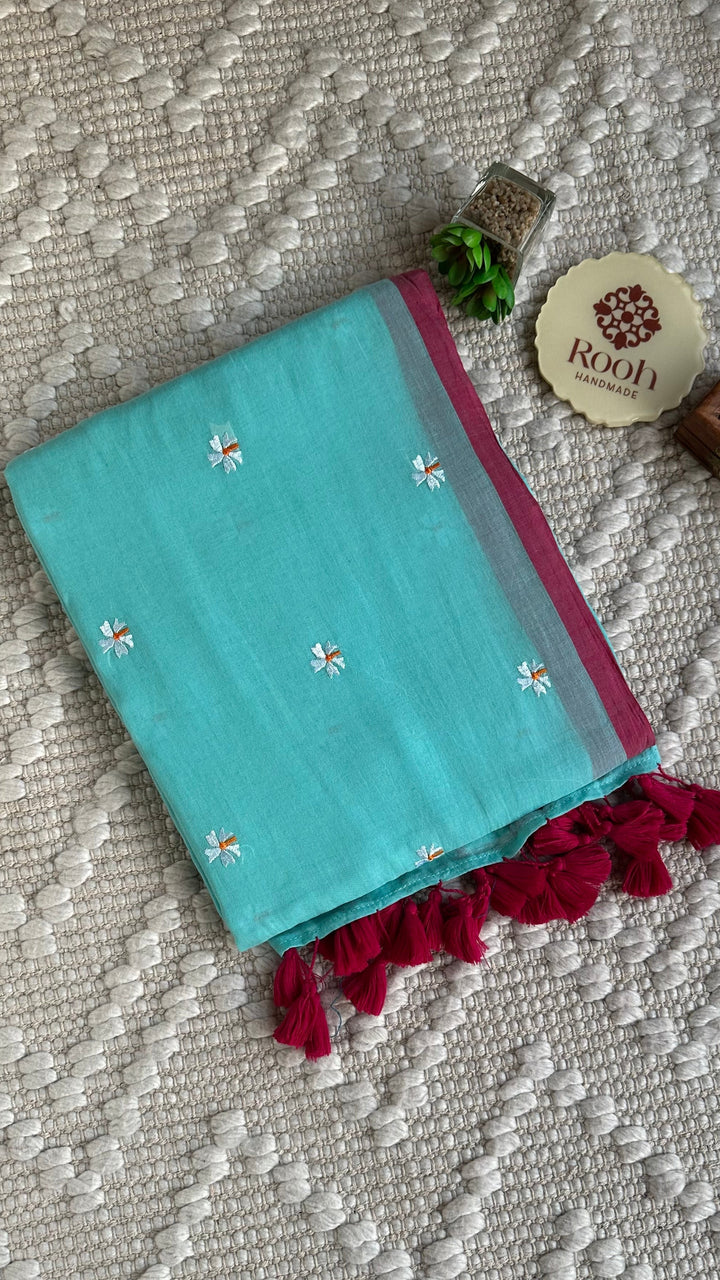 SHIULI - SKY BLUE WITH PINK BORDER SUPER SOFT MUL COTTON SAREE (DISPATCH TIME - 7 TO 10 DAYS)