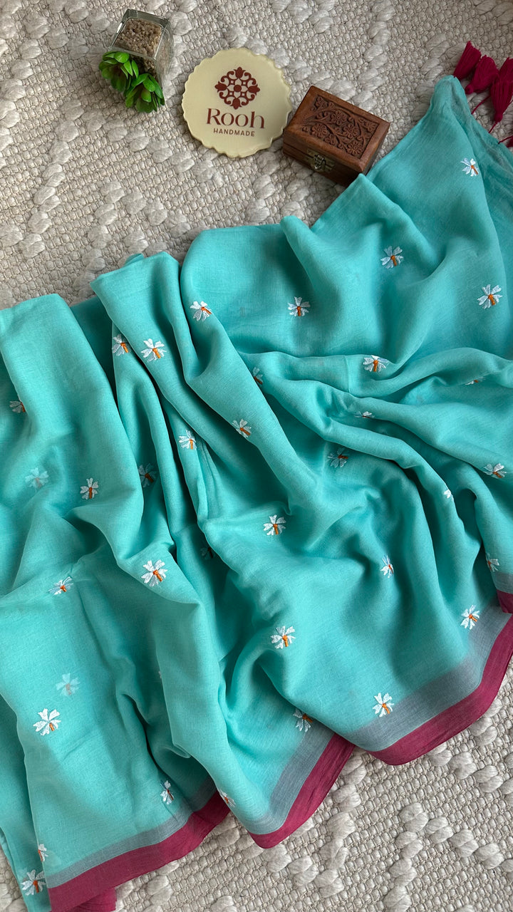 SHIULI - SKY BLUE WITH PINK BORDER SUPER SOFT MUL COTTON SAREE (DISPATCH TIME - 7 TO 10 DAYS)