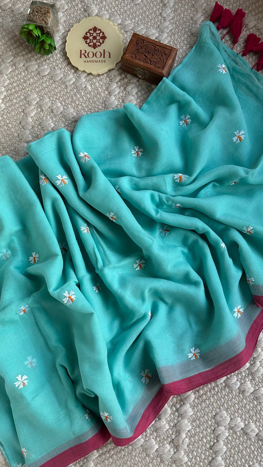 SHIULI - SKY BLUE WITH PINK BORDER SUPER SOFT MUL COTTON SAREE (DISPATCH TIME - 7 TO 10 DAYS)