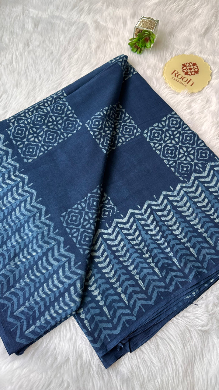 AKOLA INDIGO HAND BLOCK DABU PRINTED SOFT MULMUL COTTON SAREE- 005
