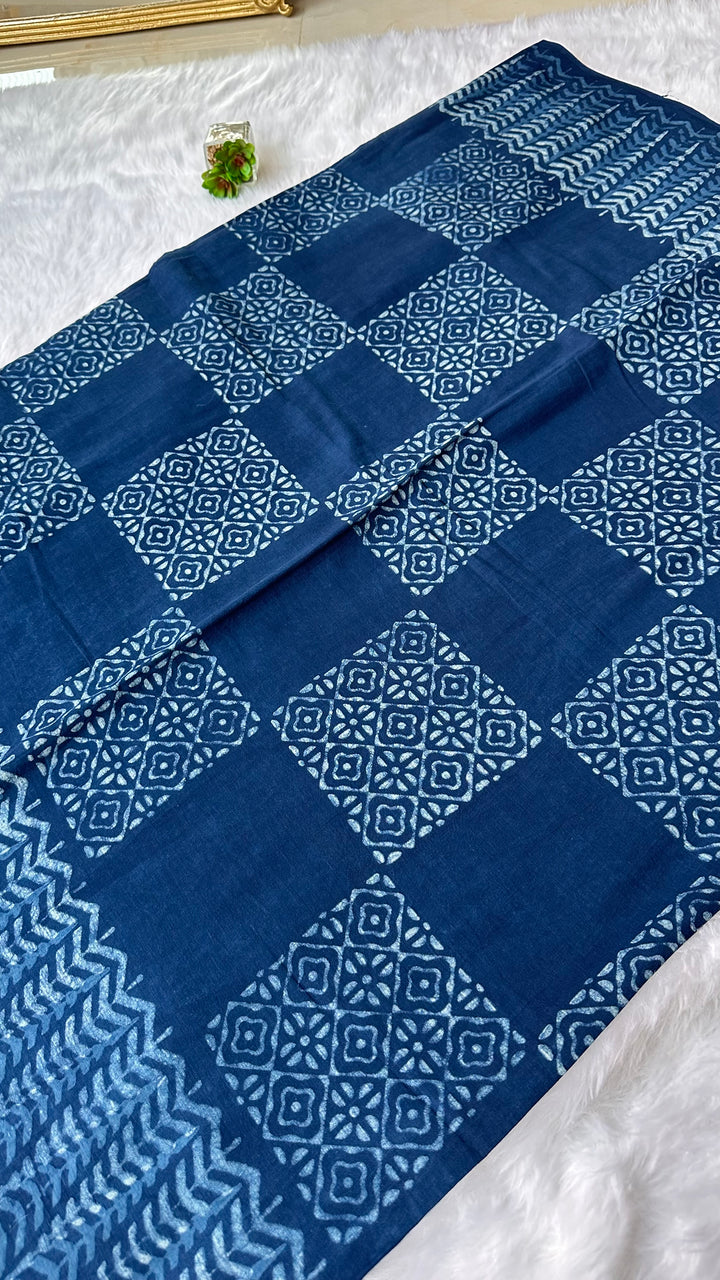 AKOLA INDIGO HAND BLOCK DABU PRINTED SOFT MULMUL COTTON SAREE- 005