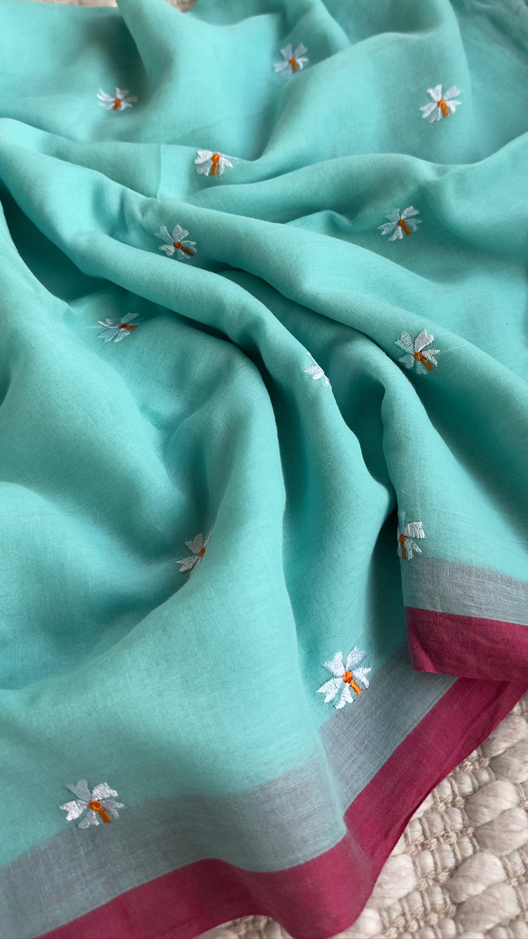 SHIULI - SKY BLUE WITH PINK BORDER SUPER SOFT MUL COTTON SAREE (DISPATCH TIME - 7 TO 10 DAYS)