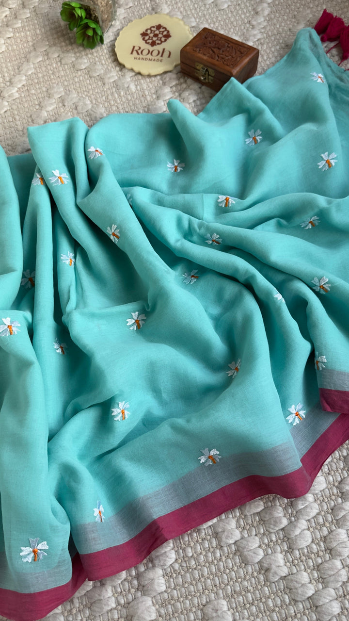 SHIULI - SKY BLUE WITH PINK BORDER SUPER SOFT MUL COTTON SAREE (DISPATCH TIME - 7 TO 10 DAYS)