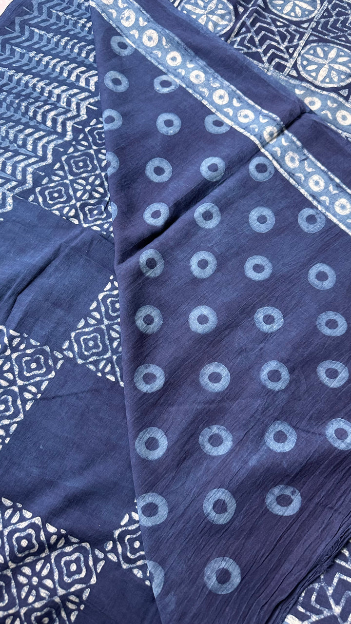 AKOLA INDIGO HAND BLOCK DABU PRINTED SOFT MULMUL COTTON SAREE- 005