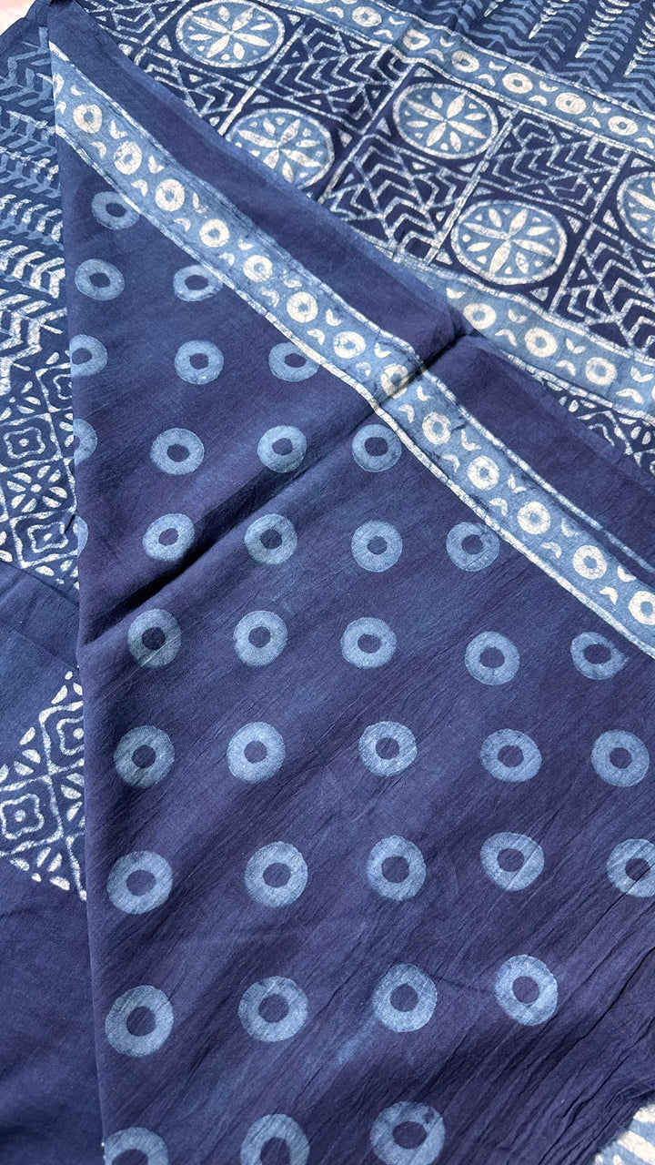 AKOLA INDIGO HAND BLOCK DABU PRINTED SOFT MULMUL COTTON SAREE- 005