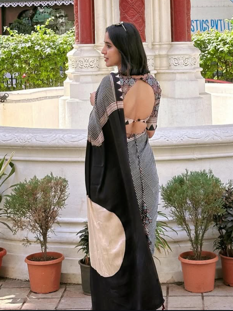 WHITE & BLACK STRIPED PICHWAI NANDI - AJRAKH HAND BLOCK PRINTED MODAL SILK SAREE