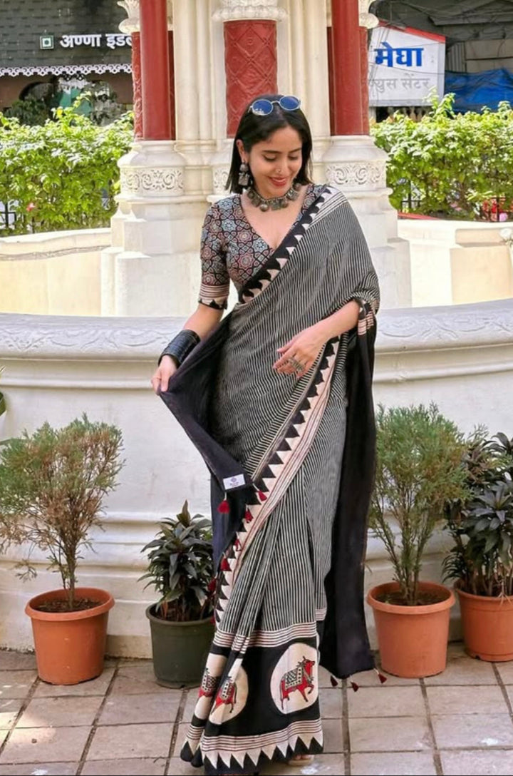 WHITE & BLACK STRIPED PICHWAI NANDI - AJRAKH HAND BLOCK PRINTED MODAL SILK SAREE
