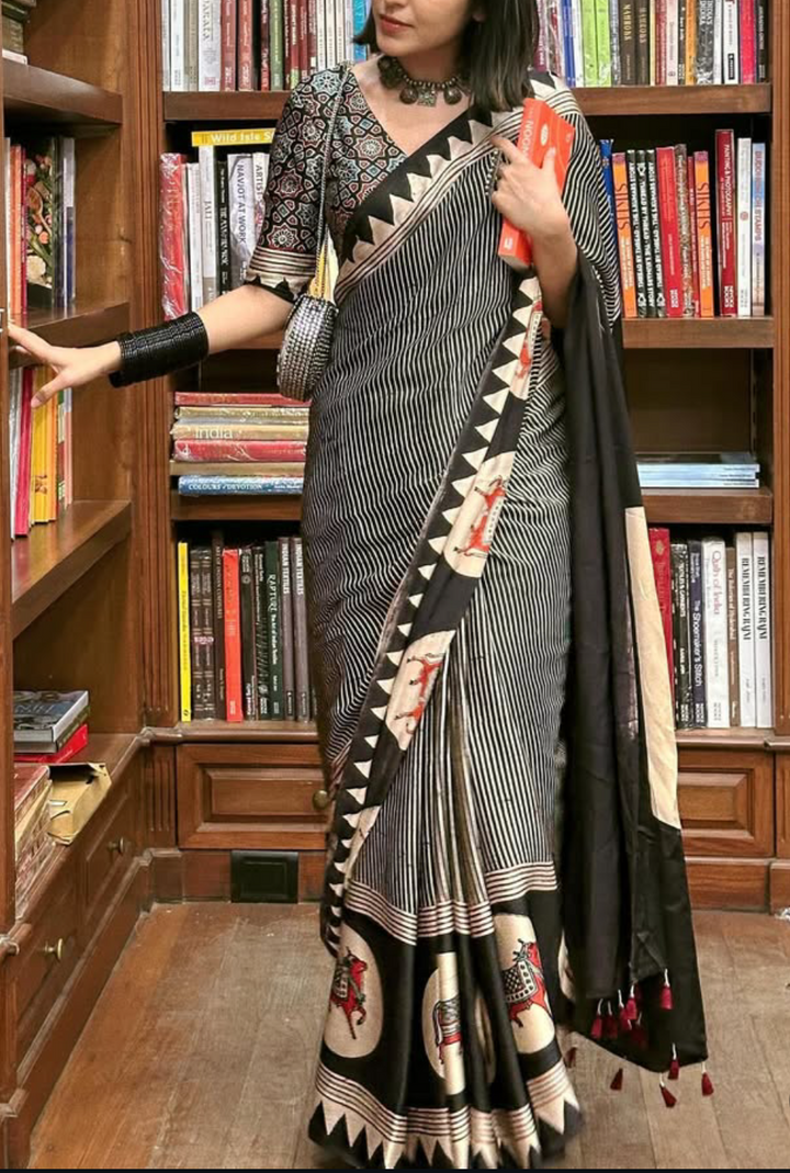 WHITE & BLACK STRIPED PICHWAI NANDI - AJRAKH HAND BLOCK PRINTED MODAL SILK SAREE