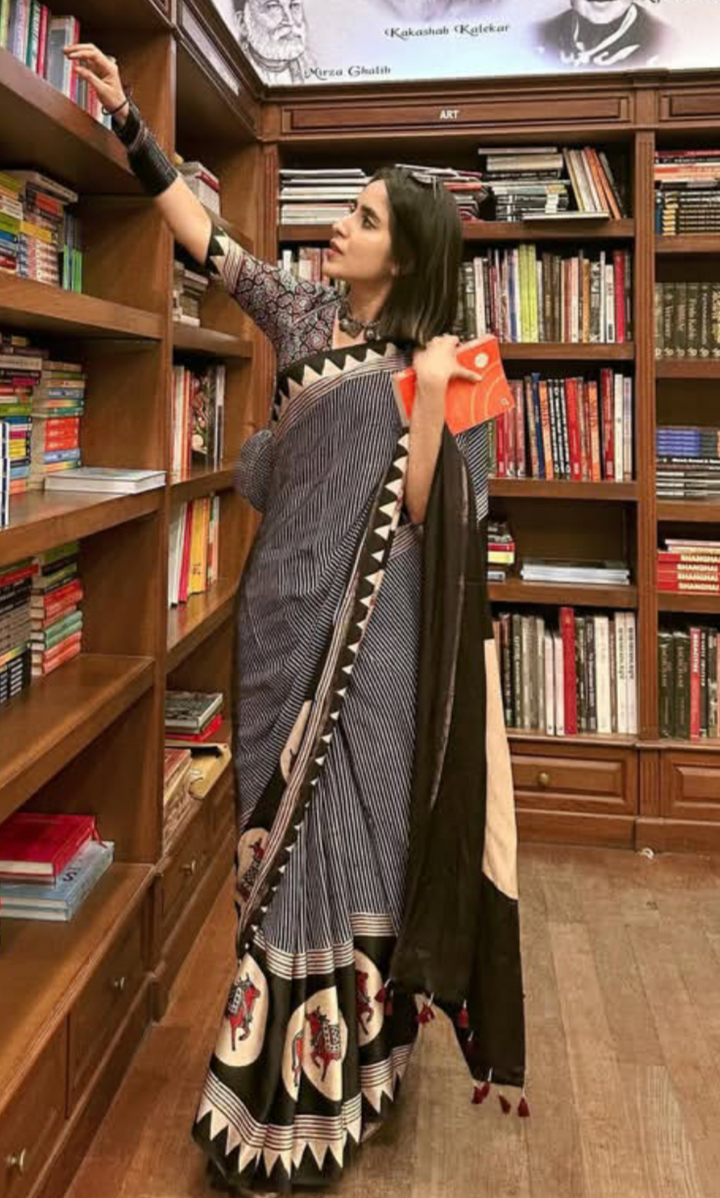 WHITE & BLACK STRIPED PICHWAI NANDI - AJRAKH HAND BLOCK PRINTED MODAL SILK SAREE