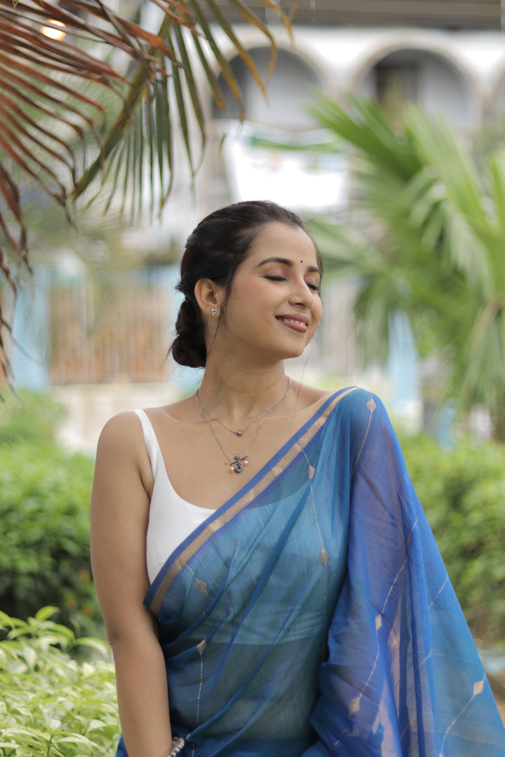 PEACOCK BLUE - PREMIUM HANDWOVEN MAHESHWARI SILK BY COTTON SAREE