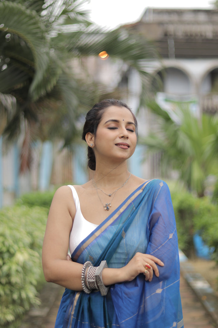 PEACOCK BLUE - PREMIUM HANDWOVEN MAHESHWARI SILK BY COTTON SAREE