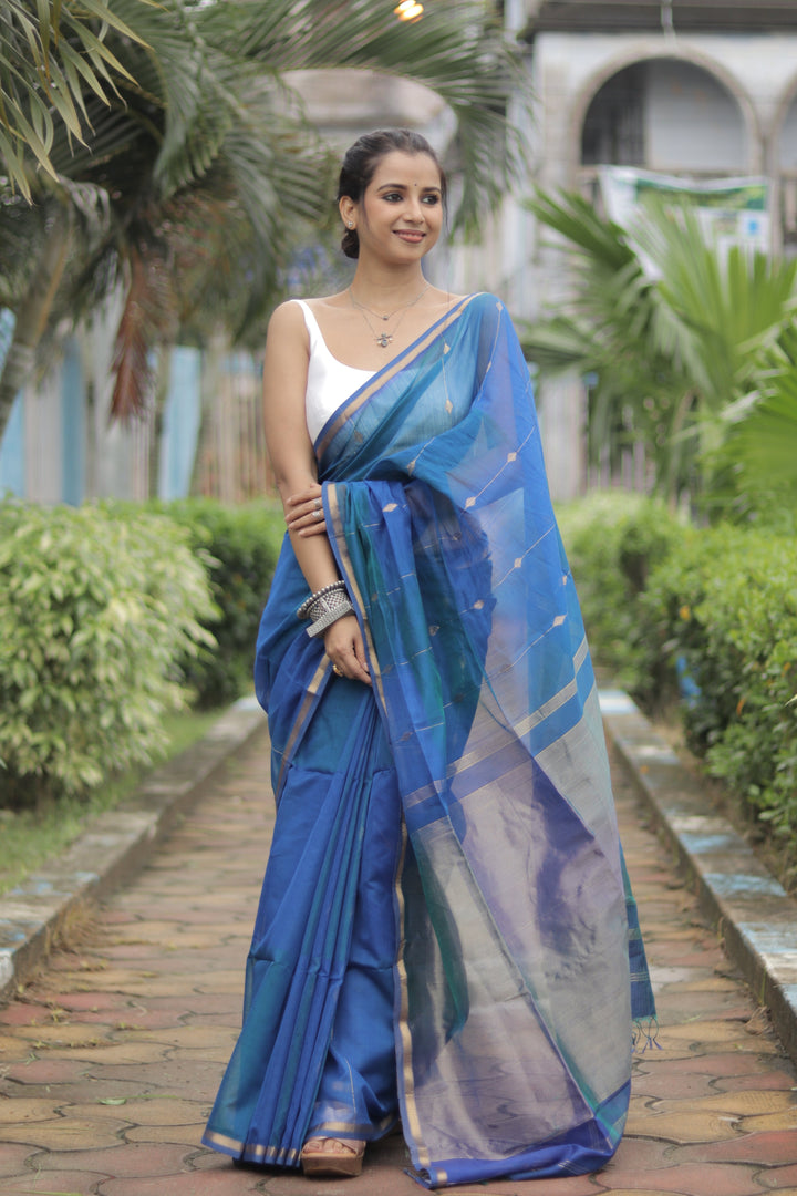 PEACOCK BLUE - PREMIUM HANDWOVEN MAHESHWARI SILK BY COTTON SAREE