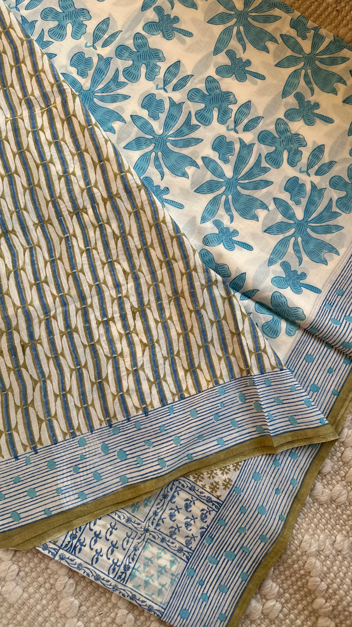 SANGANERI HAND BLOCK PRINTED SOFT MULMUL COTTON SAREE- 010