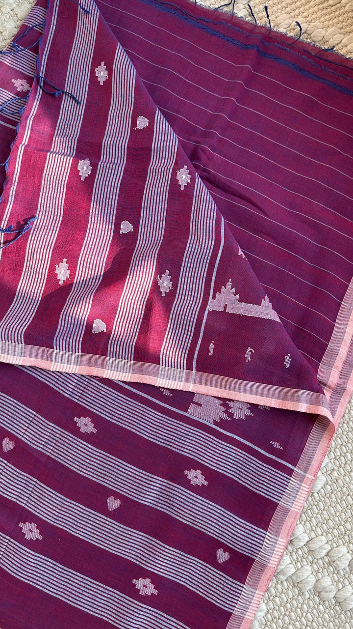 PREMIUM JAMDANI WEAVE HANDWOVEN AND HANDSPUN COTTON SAREE - PURPLE LOVE