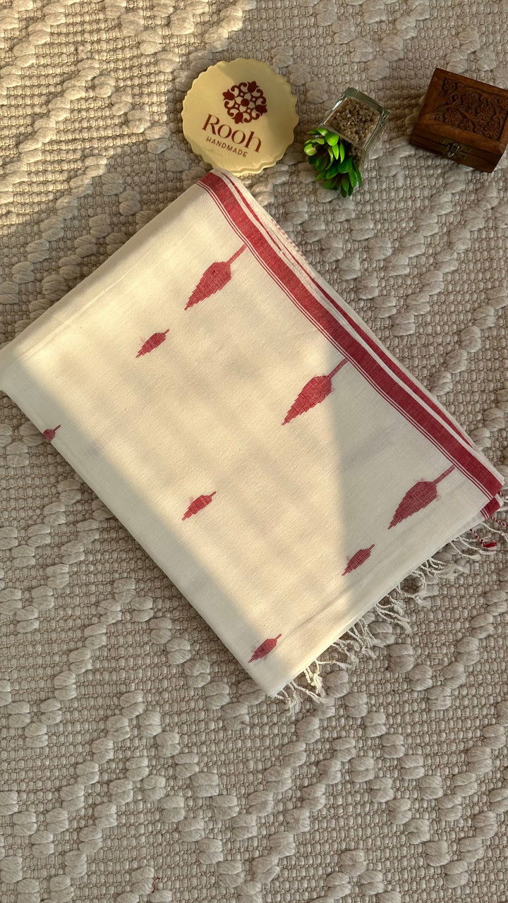 PREMIUM JAMDANI WEAVE HANDWOVEN AND HANDSPUN COTTON SAREE - CLASSIC WHITE & RED 02