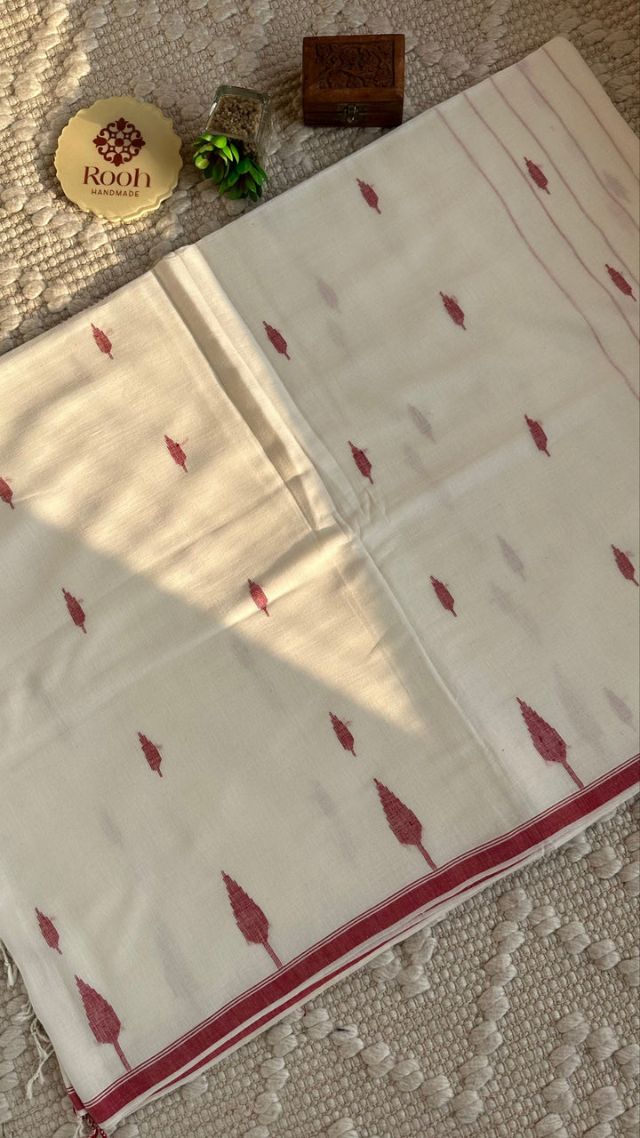 PREMIUM JAMDANI WEAVE HANDWOVEN AND HANDSPUN COTTON SAREE - CLASSIC WHITE & RED 02