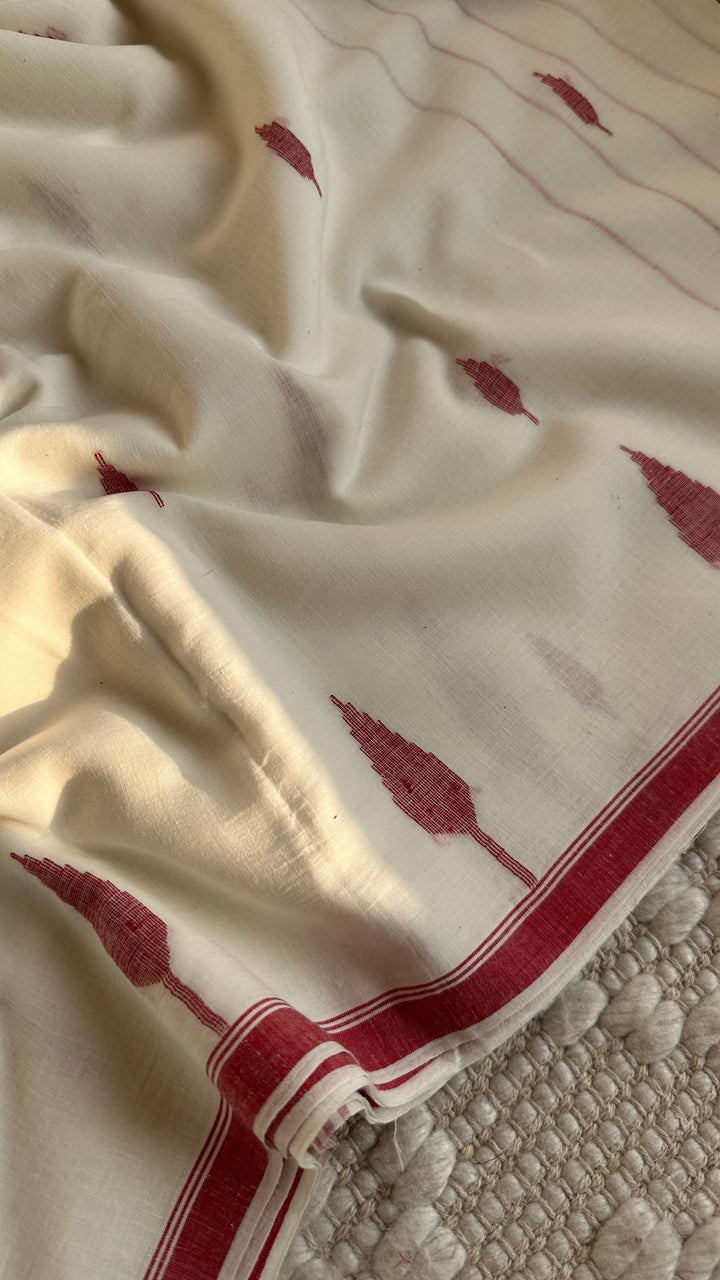 PREMIUM JAMDANI WEAVE HANDWOVEN AND HANDSPUN COTTON SAREE - CLASSIC WHITE & RED 02