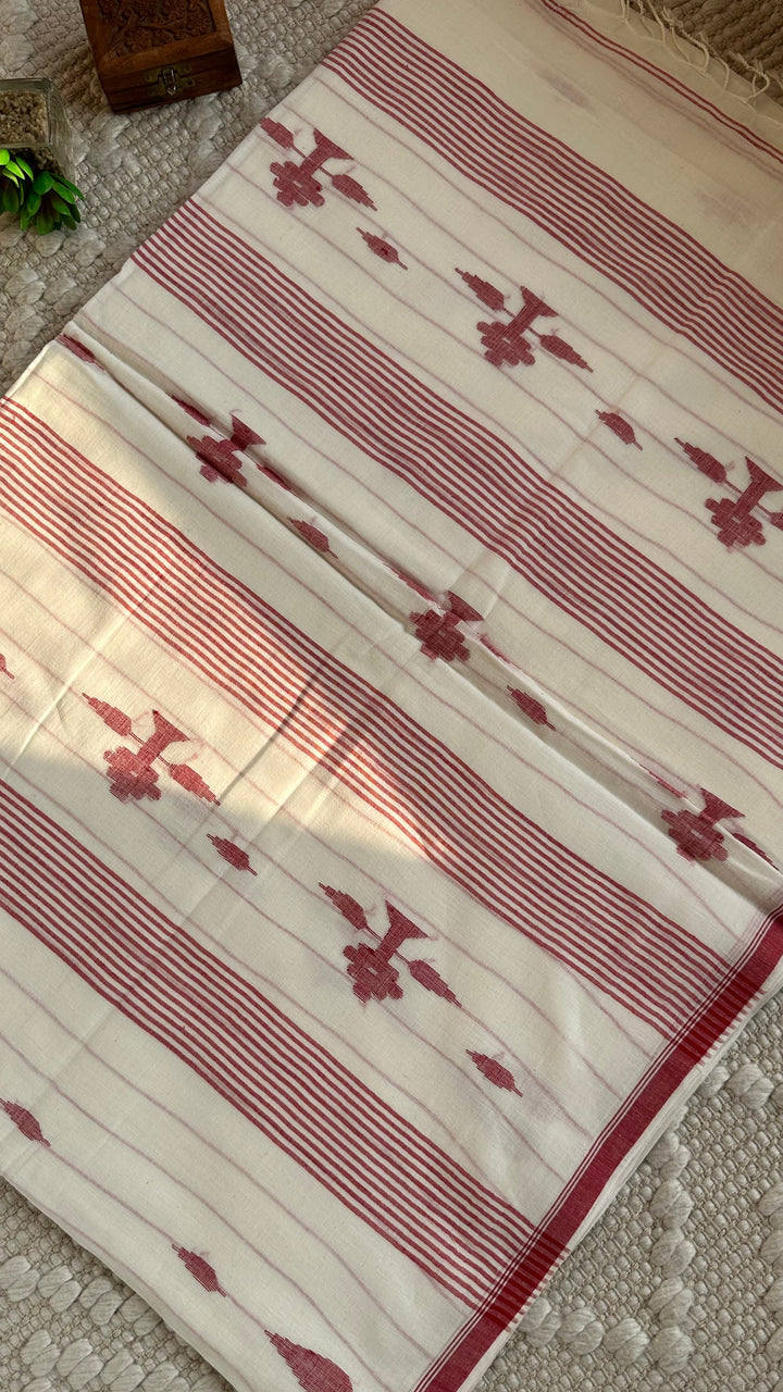 PREMIUM JAMDANI WEAVE HANDWOVEN AND HANDSPUN COTTON SAREE - CLASSIC WHITE & RED 02