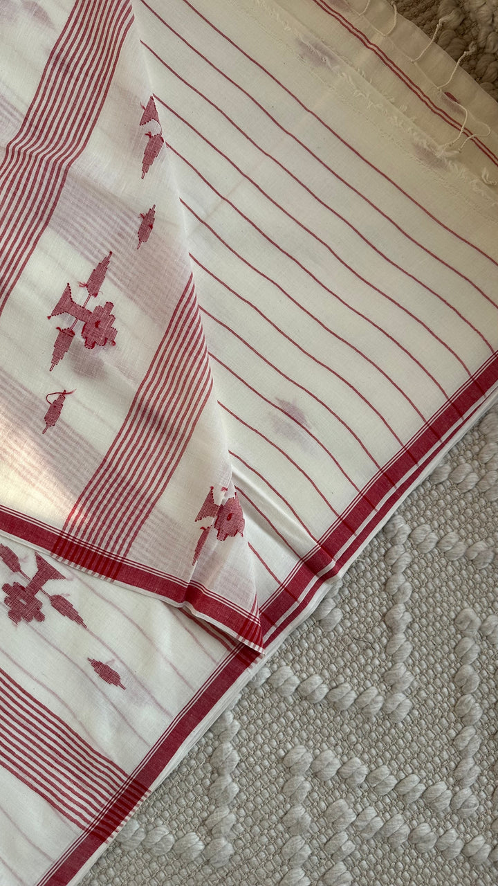 PREMIUM JAMDANI WEAVE HANDWOVEN AND HANDSPUN COTTON SAREE - CLASSIC WHITE & RED 02