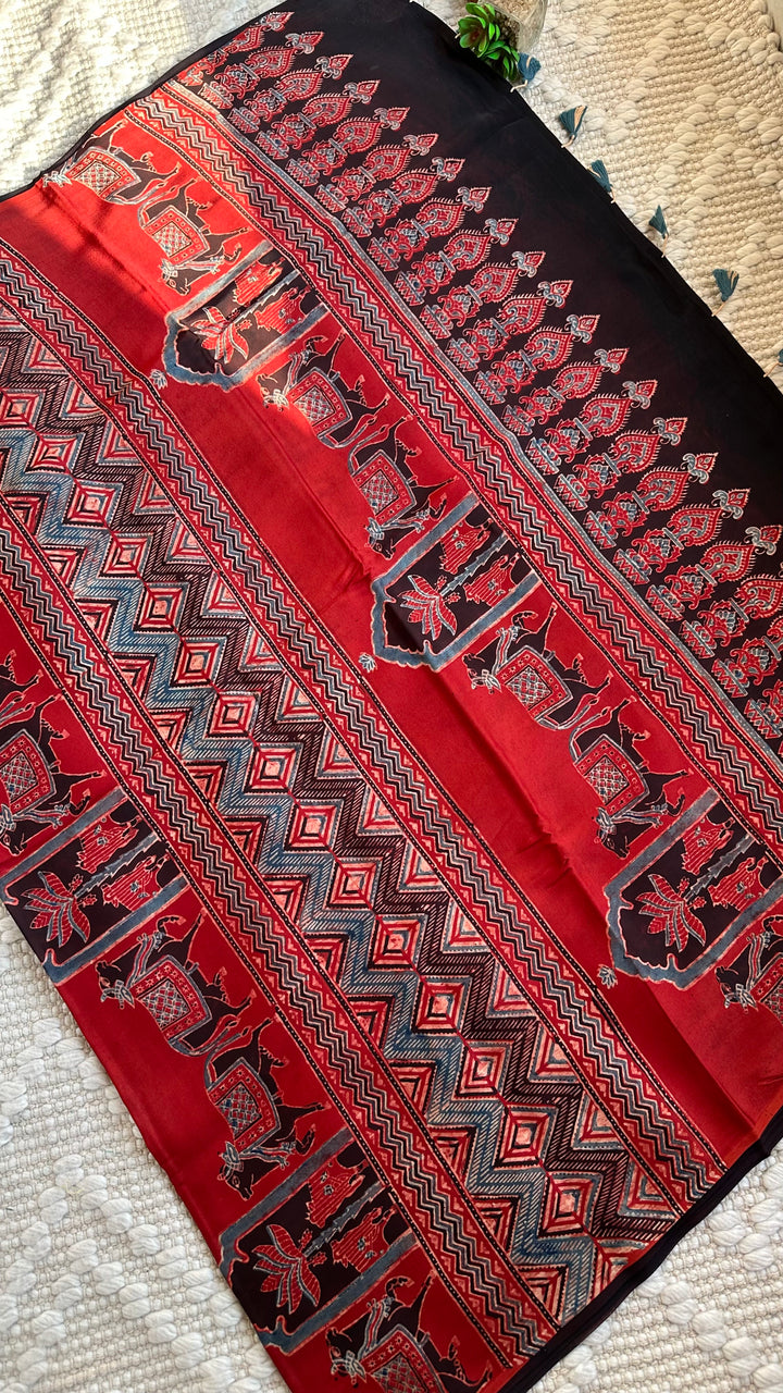 MALHAAR - MADDER RED AJRAKH HAND BLOCK PRINTED MODAL SILK SAREE