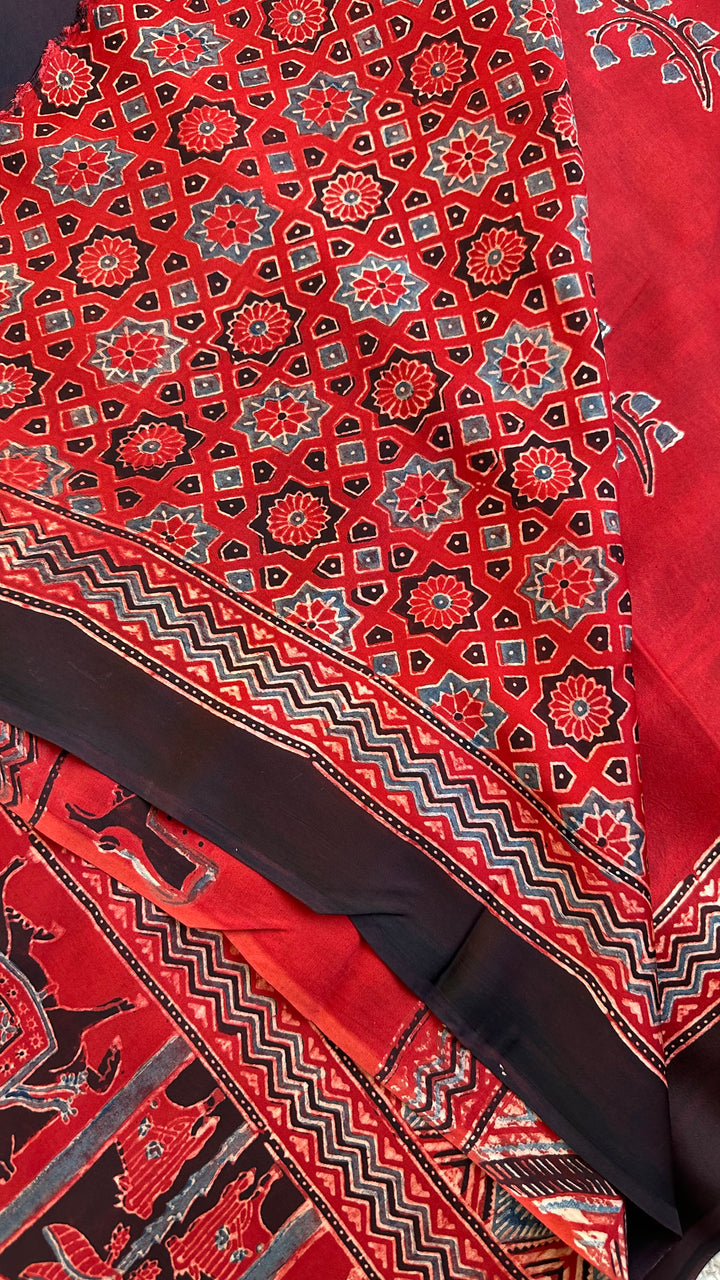 MALHAAR - MADDER RED AJRAKH HAND BLOCK PRINTED MODAL SILK SAREE