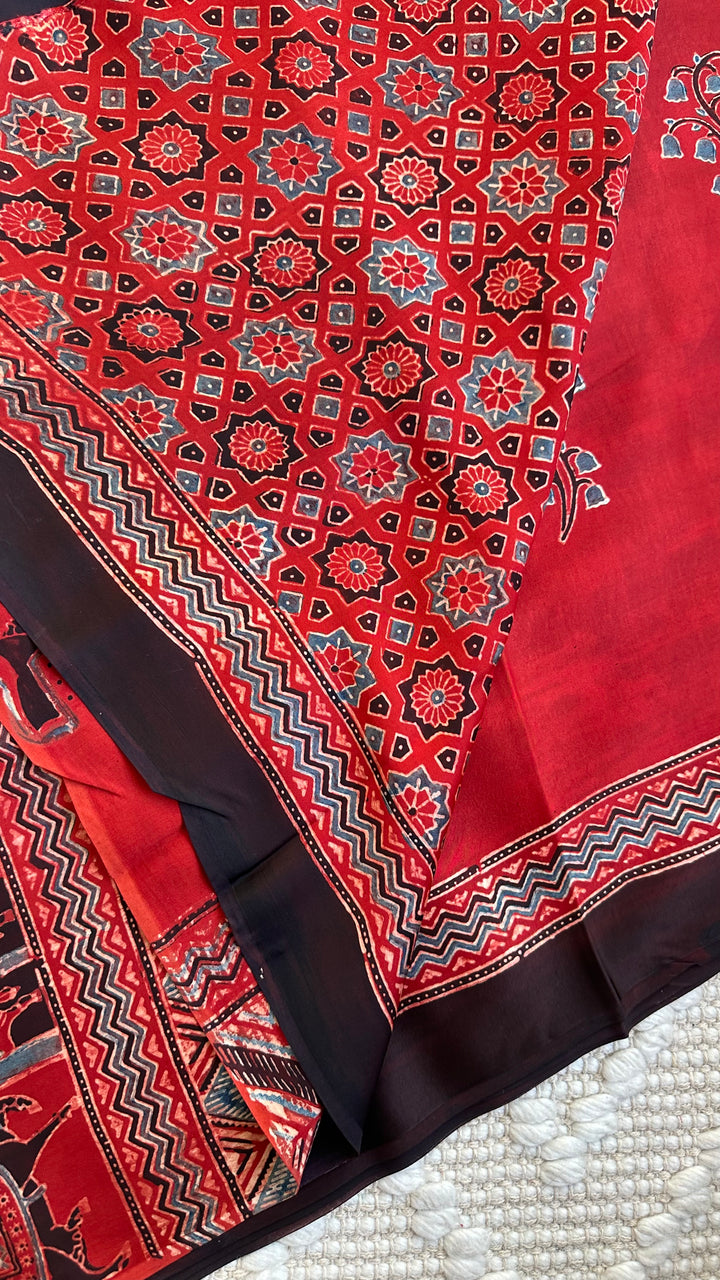 MALHAAR - MADDER RED AJRAKH HAND BLOCK PRINTED MODAL SILK SAREE